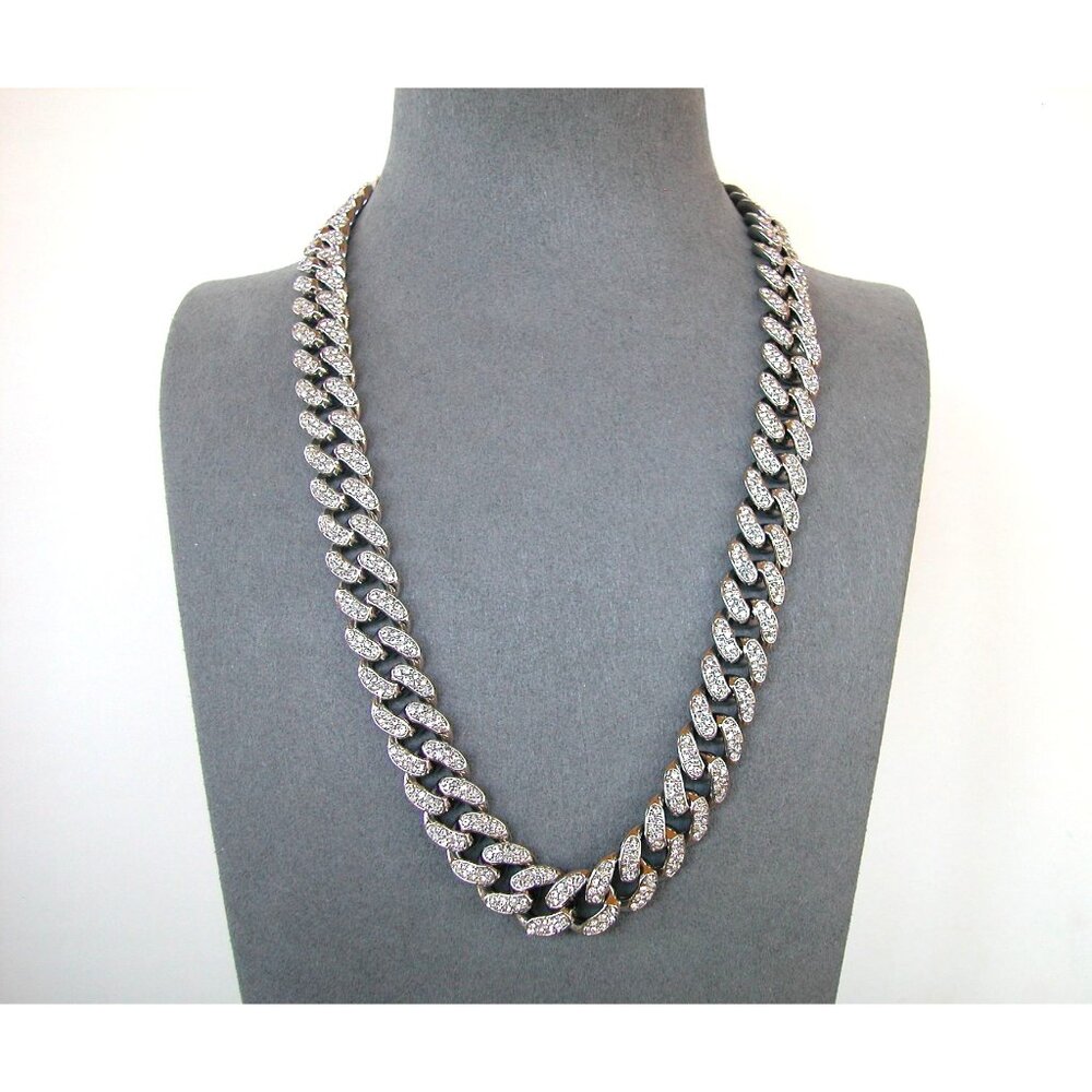 Cuban Link Chain Necklace With Rhinestones & Double Lock Clasp 19"